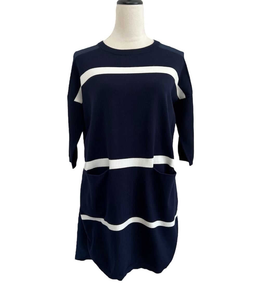 Karen Millen Sweater Tunic Dress Womens Med Navy Blue White Striped Knit Pockets